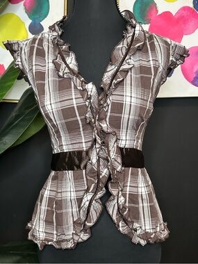 Women’s Brown Plaid Ruffle Button-Front Top